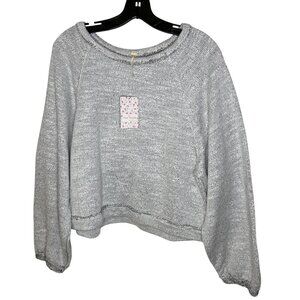 Free People Womens Light Gray Sweater Large Loose Fit Boxy Cropped Pullover Top
